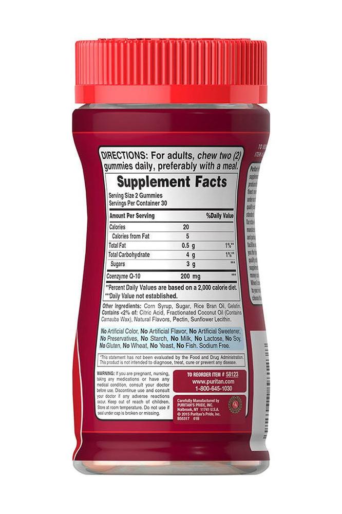 Supplement facts label of Puritan's Pride Co Q-10 200mg Peach Mango Gummies, detailing serving size and nutrition information. Supplement facts label of Puritan's Pride Co Q-10 200mg Peach Mango Gummies, detailing serving size and nutrition information.