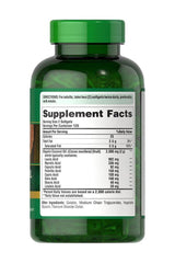 Puritan's Pride Coconut Oil 1000 mg supplement facts label with softgels details and nutritional information.