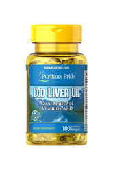 Puritan's Pride Cod Liver Oil 415 mg softgels, rich in omega-3, vitamins A and D, 100 count bottle.