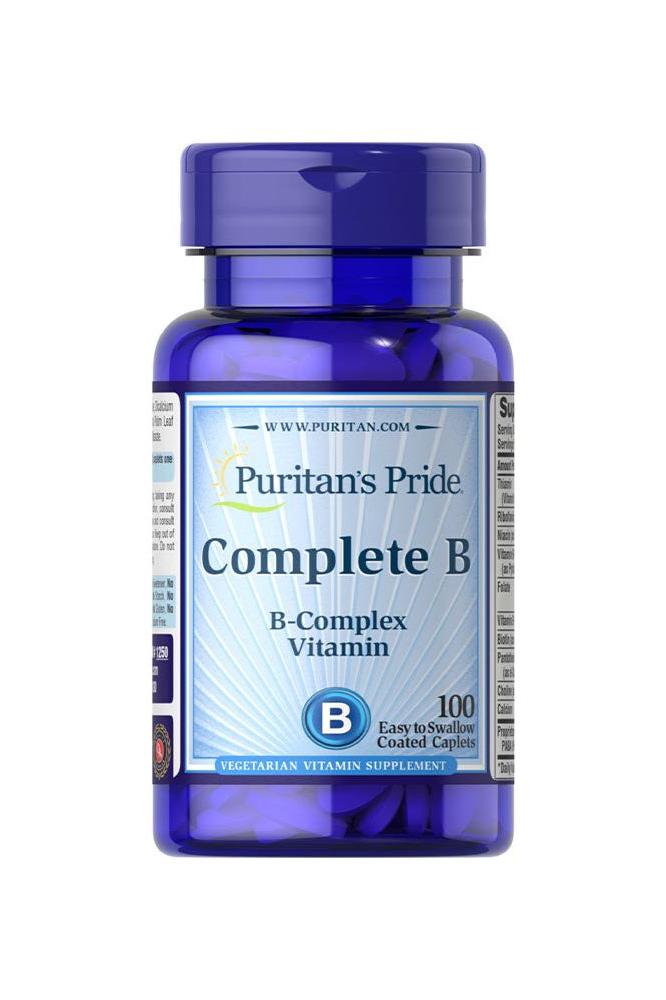 Puritan's Pride Complete B Vitamin B-complex supplement bottle, 100 easy-to-swallow vegetarian capsules.