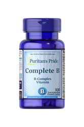 Puritan's Pride Complete B Vitamin B-complex supplement bottle, 100 easy-to-swallow vegetarian capsules.