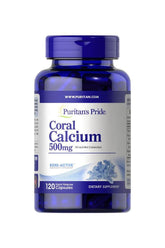 Puritan's Pride Coral Calcium 500 mg supplement bottle, promoting bone strength and muscle function, 120 capsules.