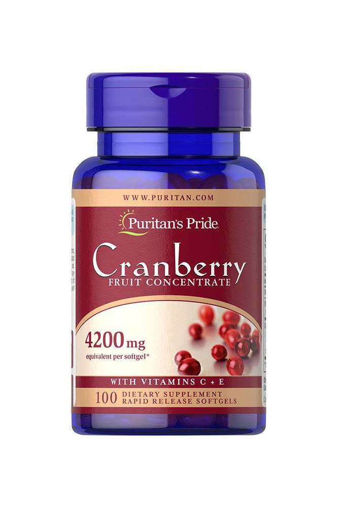 Puritan's Pride Cranberry Fruit Concentrate bottle 4200 mg with vitamins C and E, 100 rapid release softgels.