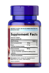 Supplement facts label for Puritan's Pride Cranberry Fruit Concentrate softgels with vitamins C and E.