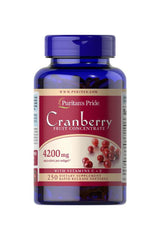 Puritan's Pride Cranberry Fruit Concentrate 4200 mg dietary supplement with vitamins C and E in a blue bottle