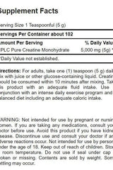 Supplement facts for Puritan's Pride Creatine Monohydrate Powder, including dosage and nutrition information.