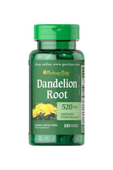 Puritan's Pride Dandelion Root 520 mg supplement bottle with 100 capsules for fluid balance support