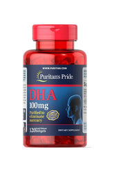 Puritan's Pride DHA 100 mg 120 softgels bottle, purified fish oil supplement for omega-3 fatty acids.