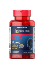 Puritan's Pride DHA 100 mg 120 softgels bottle, purified fish oil supplement for omega-3 fatty acids.