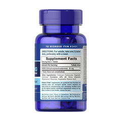 Puritan's Pride DHEA 25 mg supplement bottle with nutrition facts and serving instructions.