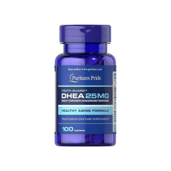 Puritan's Pride DHEA 25 mg dietary supplement bottle with 100 tablets for healthy aging.
