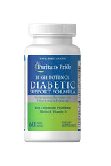Puritan's Pride Diabetic Support Formula bottle, 60 caplets, nutritional support for diabetes with chromium and biotin.