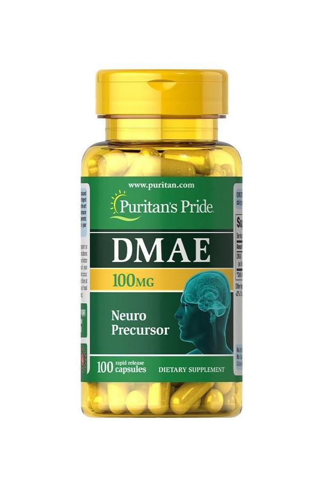 Puritan's Pride DMAE 100 mg supplement bottle with 100 capsules for cognitive health and clarity.