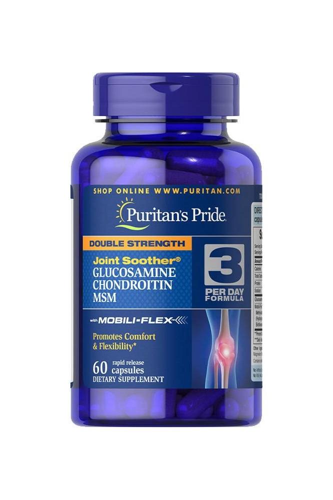 Puritan's Pride Double Strength Glucosamine, Chondroitin & MSM Joint Soother supplement bottle with 60 capsules.