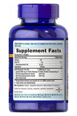 Supplement facts for Puritan's Pride double strength Omega-3 fish oil softgels, featuring nutritional information and serving size.