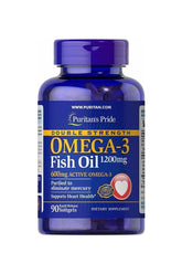Puritan's Pride Double Strength Omega-3 Fish Oil 1200mg 90 softgels support heart health and healthy circulation.