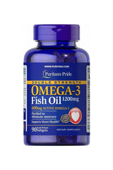 Puritan's Pride Double Strength Omega-3 Fish Oil 1200mg 90 softgels support heart health and healthy circulation.