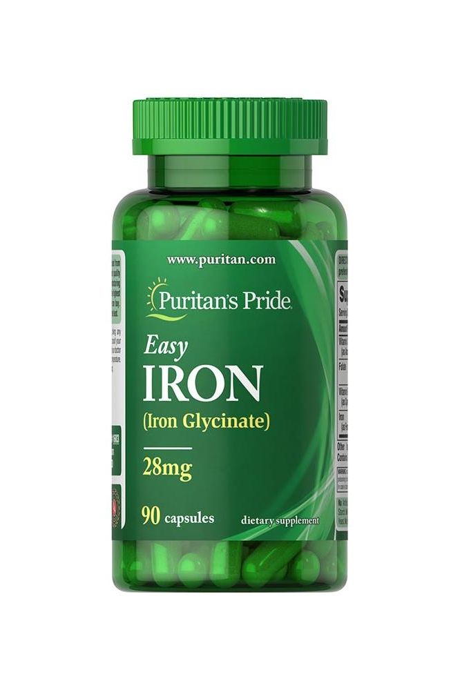 Puritan's Pride Easy Iron 28 mg supplement bottle containing 90 capsules for energy support and iron absorption.