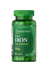 Puritan's Pride Easy Iron 28 mg supplement bottle containing 90 capsules for energy support and iron absorption.