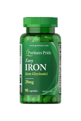 Puritan's Pride Easy Iron 28 mg supplement bottle containing 90 capsules for energy support and iron absorption.