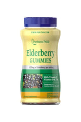 Puritan's Pride Elderberry Gummies bottle with Vitamin C, D & Zinc, 70 count, supports immune and antioxidant health.