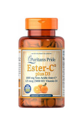 Puritan's Pride Ester-C® Plus D3 supplement bottle with 60 tablets for immune support and antioxidant benefits.