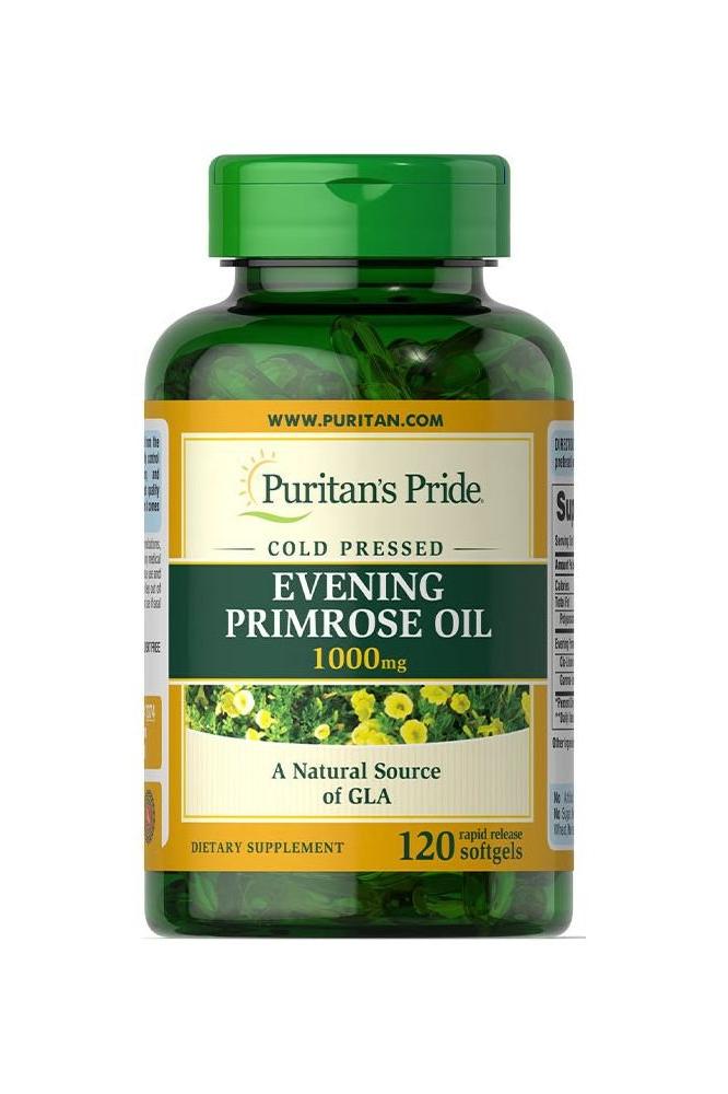 Puritan's Pride Evening Primrose Oil 1000 mg with GLA, 120 softgels, cold-pressed dietary supplement.
