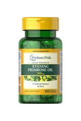 Puritan's Pride Evening Primrose Oil 500 mg softgels, a natural source of GLA, 100 capsules for easy digestion.