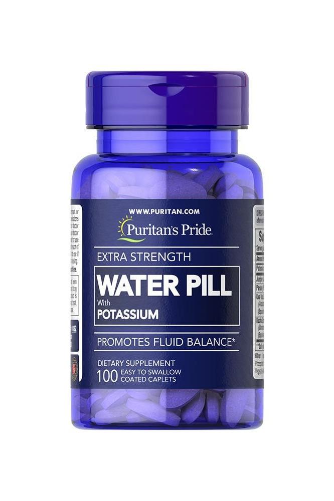 Puritan's Pride Extra Strength Water Pill™ bottle with potassium promoting fluid balance, 100 coated caplets. Puritan's Pride Extra Strength Water Pill™ bottle with potassium promoting fluid balance, 100 coated caplets.