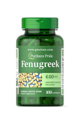 Puritan's Pride Fenugreek 610 mg supplement, 100 capsules, supports overall wellness and natural health.