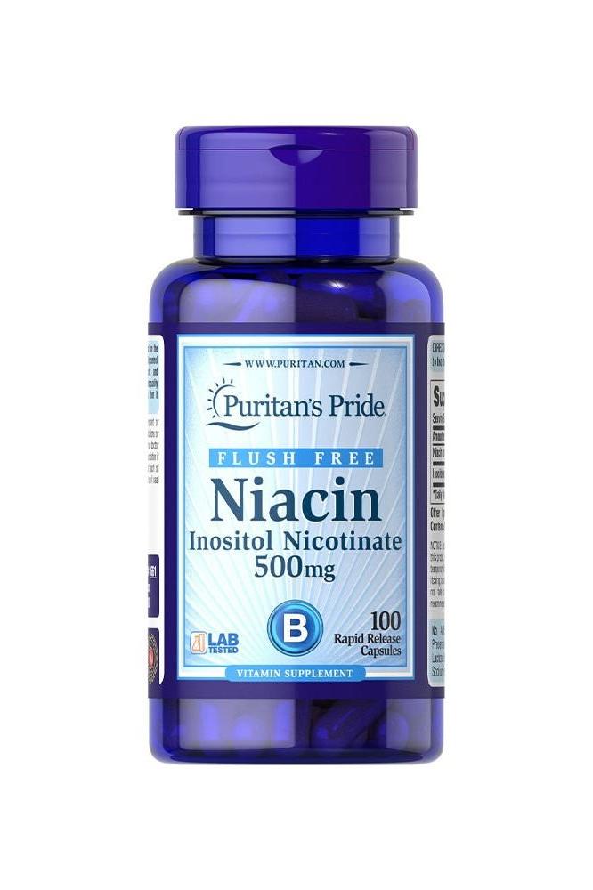 Puritan's Pride Flush Free Niacin 500 mg bottle with 100 capsules, promoting heart and circulatory health