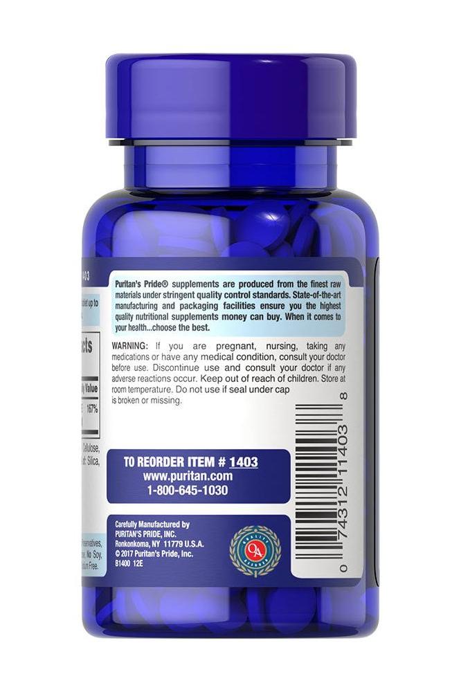 Puritan's Pride Folic Acid 400 mcg supplement bottle with label details on usage and warnings. Puritan's Pride Folic Acid 400 mcg supplement bottle with label details on usage and warnings.