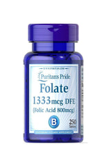 Puritan's Pride Folic Acid 800 mcg supplement bottle with 250 tablets for heart and nerve health.