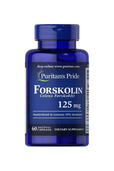 Puritan's Pride Forskolin Coleus Forskohlii 125 mg dietary supplement capsules in blue bottle, 60 count.