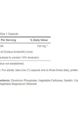 Supplement facts for Puritan's Pride Forskolin Coleus Forskohlii 125 mg capsules, detailing ingredients and serving size.