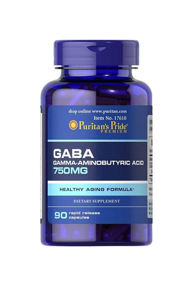 Puritan's Pride GABA 750 mg dietary supplement bottle with 90 capsules for nervous system support.