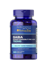 Puritan's Pride GABA 750 mg dietary supplement bottle with 90 capsules for nervous system support.