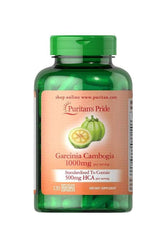 Puritan's Pride Garcinia Cambogia 1000mg bottle with 120 veg capsules, promotes weight loss and appetite control.