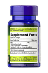 Puritan's Pride Garlic Oil 1000 mg softgel supplement facts label showing serving size and ingredients.