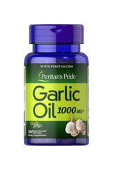 Puritan's Pride Garlic Oil 1000 mg supplement bottle with 100 softgels, supports heart health and blood circulation.