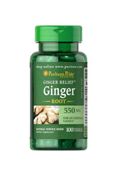 Puritan's Pride Ginger Root 550 mg supplement, 100 capsules for digestion and nausea relief.