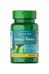 Puritan's Pride Ginkgo Biloba Standardized Extract 120 mg, supports brain function and memory, packaged in a green bottle.