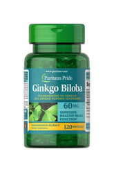 Puritan's Pride Ginkgo Biloba 60 mg softgels bottle for healthy brain function and circulation support.