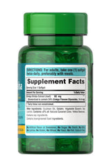 Puritan's Pride Ginkgo Biloba 60 mg supplement facts on green softgel bottle for memory support and circulation.