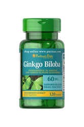 Puritan's Pride Ginkgo Biloba standardized extract 60 mg, 120 tablets for healthy brain function and memory support.