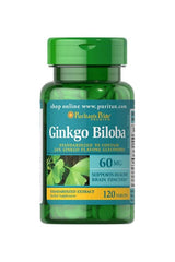 Puritan's Pride Ginkgo Biloba standardized extract 60 mg, 120 tablets for healthy brain function and memory support.