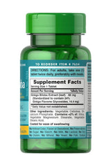 Puritan's Pride Ginkgo Biloba extract bottle showing 60 mg dosage and supplement facts, 120 tablets.