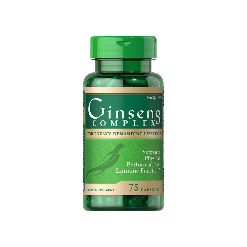 Puritan's Pride Ginseng Complex supplement bottle with 75 capsules, supports physical performance and immune function.