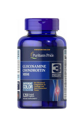 Puritan's Pride Glucosamine, Chondroitin & MSM supplement bottle for joint health, 120 coated caplets.