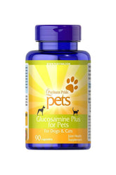 Puritan's Pride Glucosamine Plus for Pets supplement bottle for dogs and cats, promoting joint health and mobility.